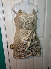 Lulus Gold Ivory Floral Metallic Mini A-Line Dress V-Neck Strappy Sleeveless S