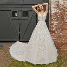 Vintage Deep V Neck Wedding Dresses A Line Tulle Applique Sleeveless Backless