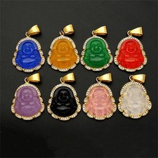 Natural Stainless Steel Rhinestones Laughing Jade Buddha Pendant Necklace Chain