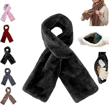 Faux-Fur Pull Through Scarf With Hidden Zipper Pocket for Women UK~