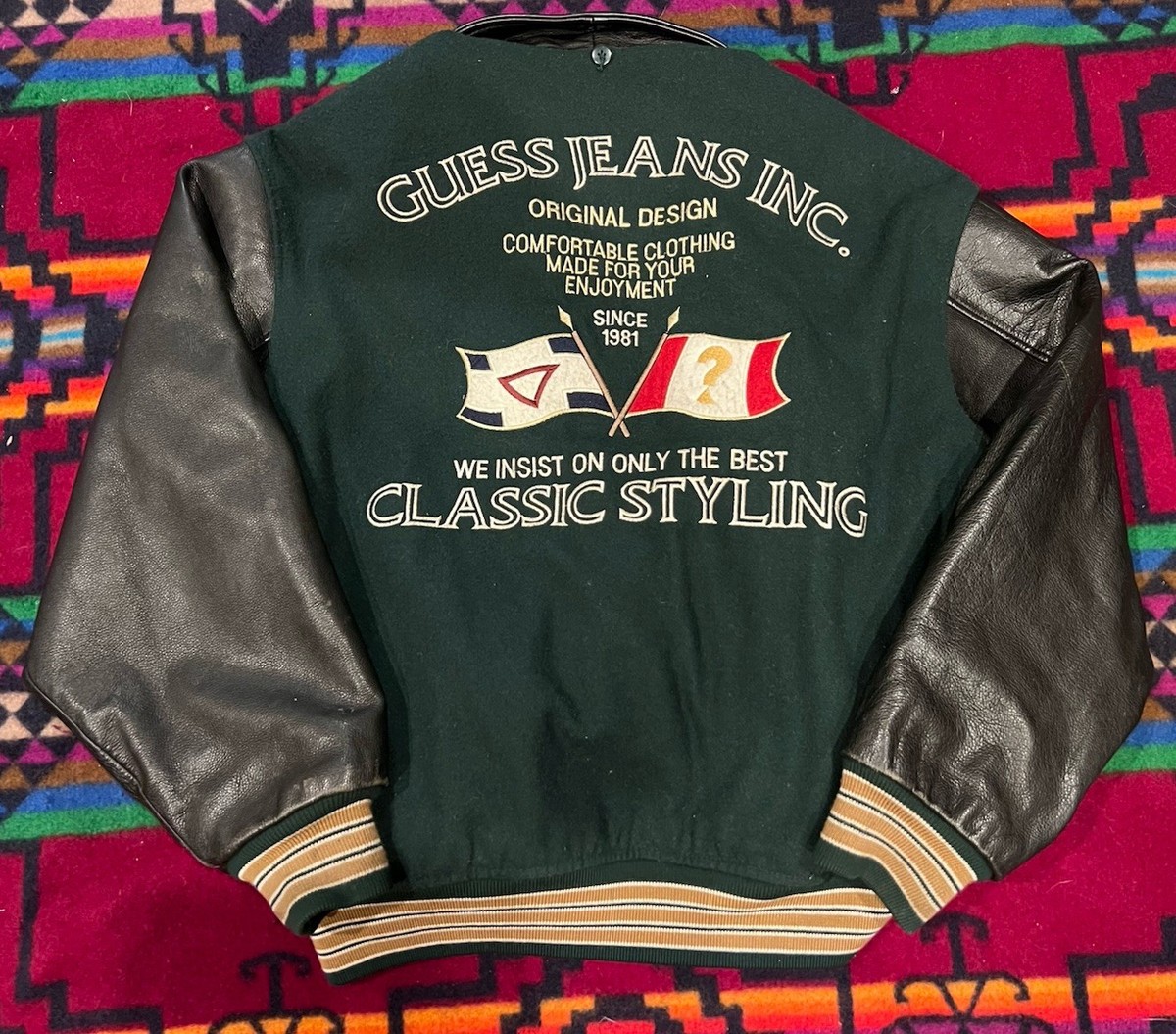 VTG Sz L - GUESS Club Georges Marciano Green Wool Leather Varsity