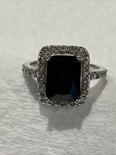 Ladies Emerald Cut Gemstone Ring With Black Center Surrounded By Cz Halo Size 10