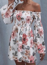 Women's Floral White Pink Off-Shoulder Mini Dress Size Small 