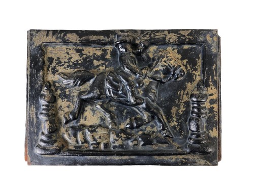 Antique Cast Iron Stove Plate or Mailbox Front Panel Man on Horse