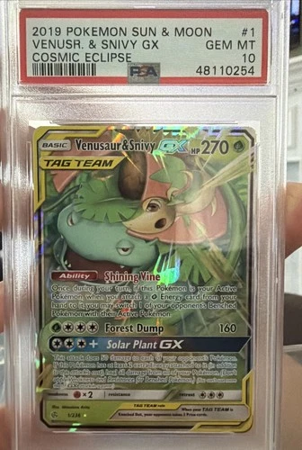 PSA 10 2019 POKEMON SUN & MOON #1 VENUSAUR & SNIVY GX COSMIC ECLIPSE Tag Team