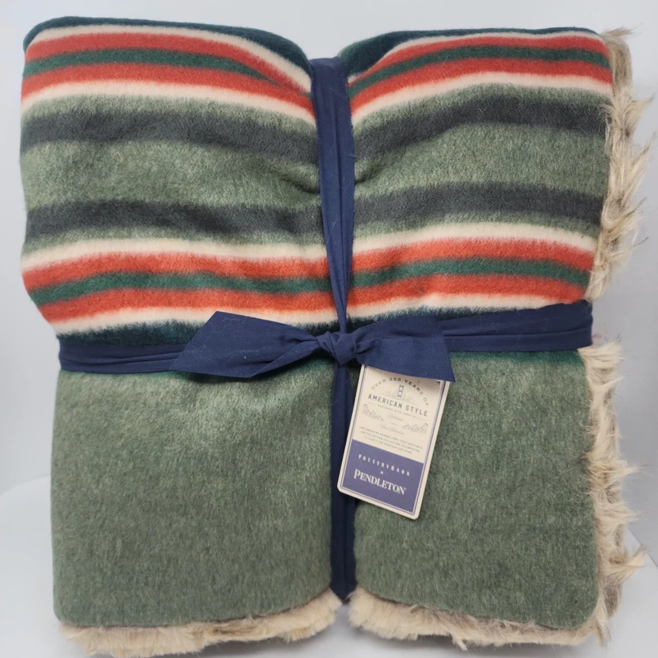 Pottery Barn Pendleton Yakima Faux Fur Back Stripe 60 x 80 Throw green multi - Image 2 of 4