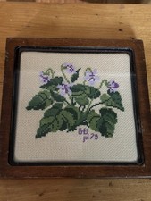 Vintage 1979 Hand-Stitched Purple Violets   Framed Cross Stitch Wall Art