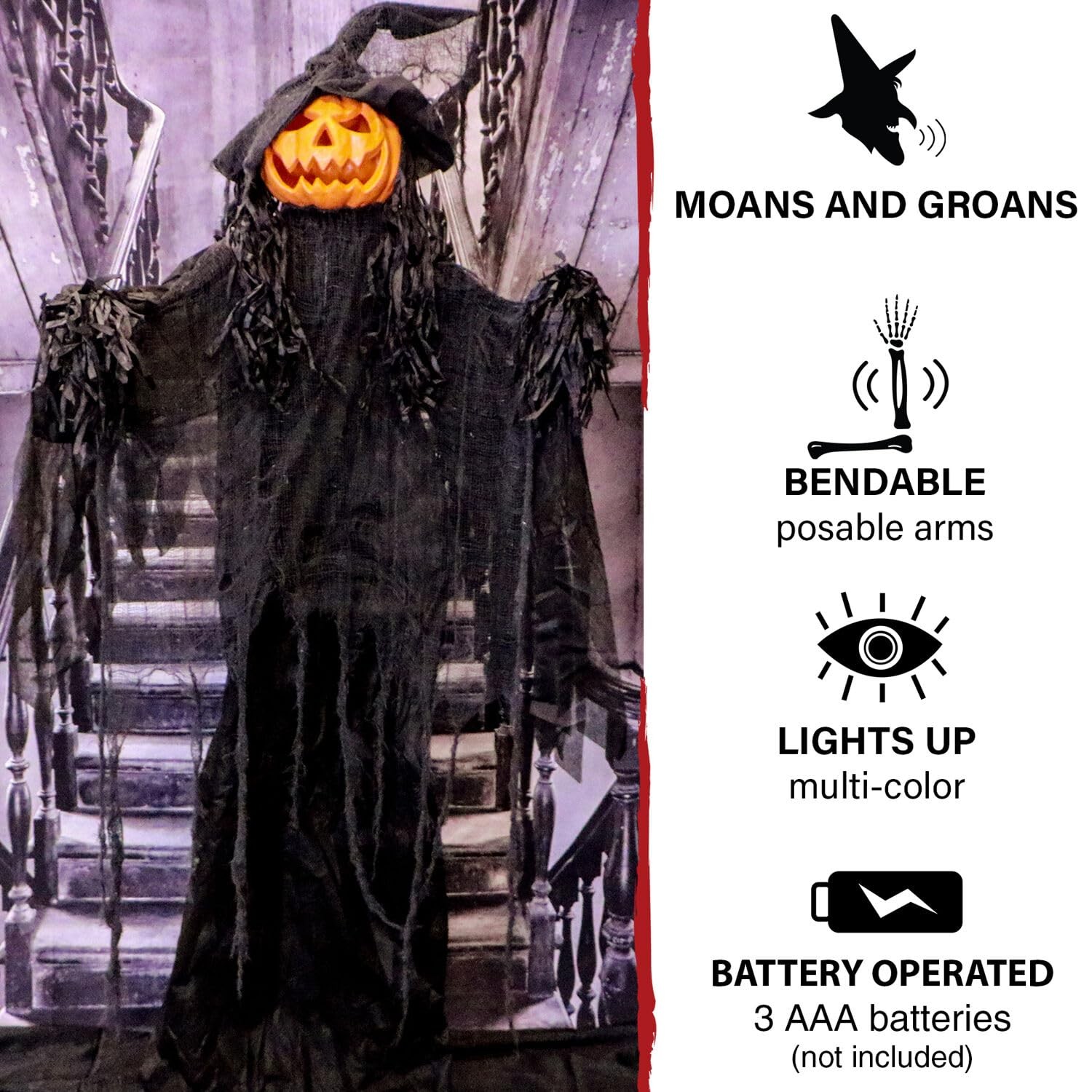 Life-Size Scary Poseable Pumpkin Witch, Halloween Prop with Touch Activated L...