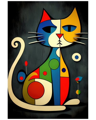 Mid Century Modern Abstract Cat Art Print Colorful Geometric Bauhaus Wall Decor - Image 1