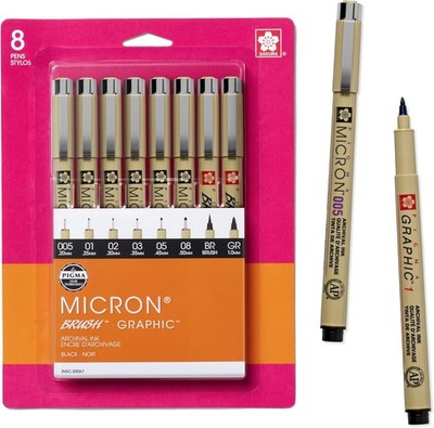 Sakura Pigma Micron Fineliner Pen Set, Graphic & Brush, Archival Black Ink, 8 Pa