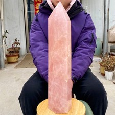 23.92LB Natural clear Pink Rose Quartz Carved Crystal Tower Wand Reiki