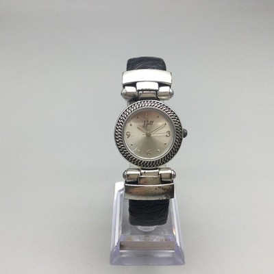 Vintage J Jill Watch Womens 26mm Silver Tone Black Leather Open