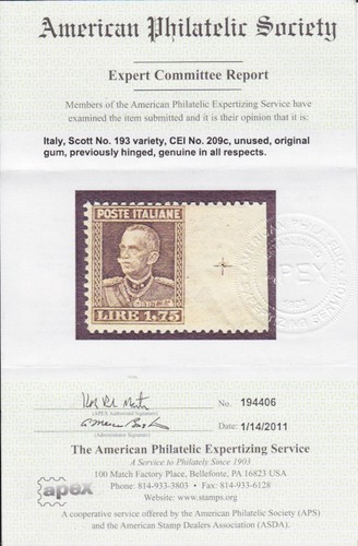 Italy Sc 193 var MLH. 1927 1.75l Victor Emmanuel, Imperf at Right, Cert. - Picture 3 of 3