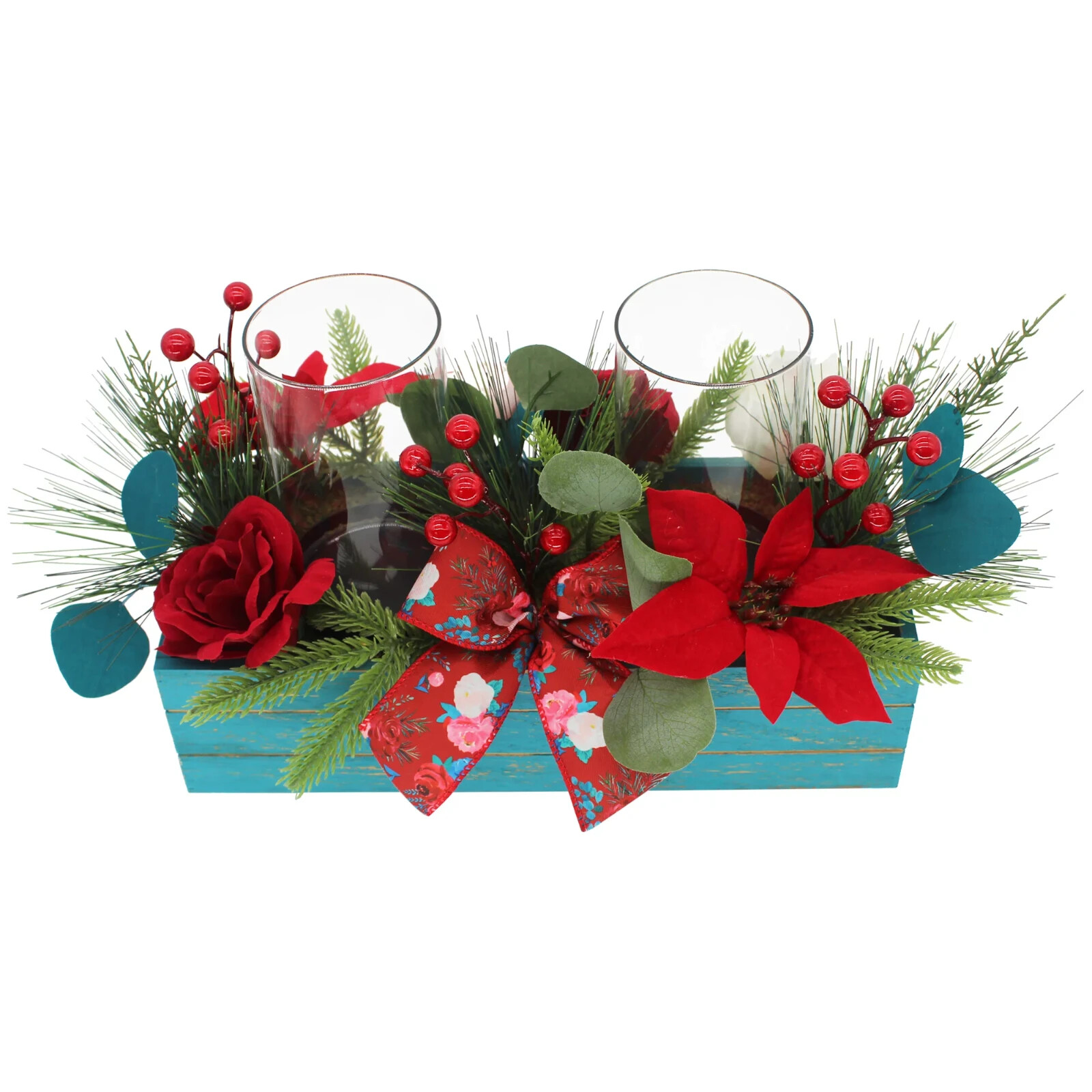 Pioneer Woman Christmas Hurricane Centerpiece Cheerful Rose Floral Wood Box Red