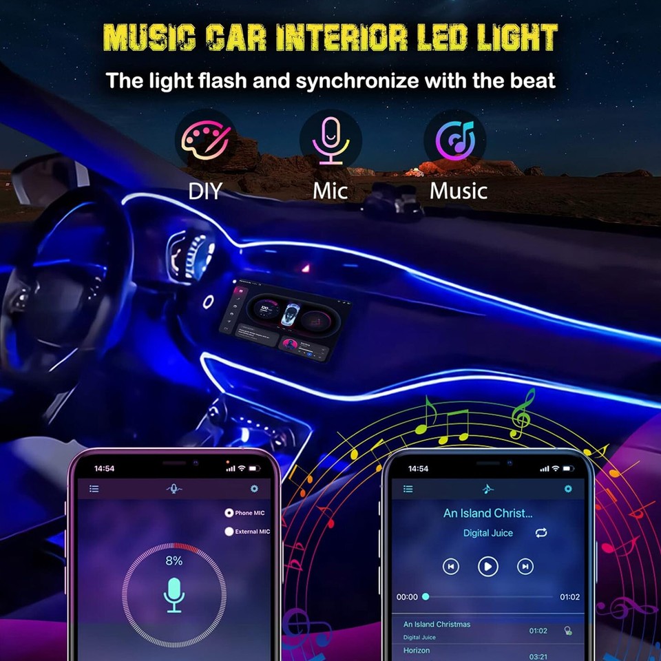 USB RGB Car Interior LED Strip Lights Ambient Lighting Neon Door Dash