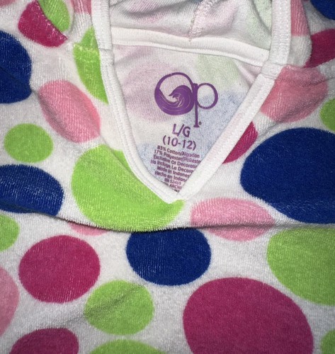 Girl’s White Op Swimsuit Swim Cover Terry Dress Size L 10/12 Colorful Dots Hood - Picture 2 of 3