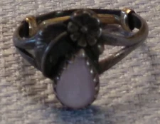 Ring 4.5 w Sizer Vintage Bronze Flower Feather Pink Iredescent Teardrop Costume