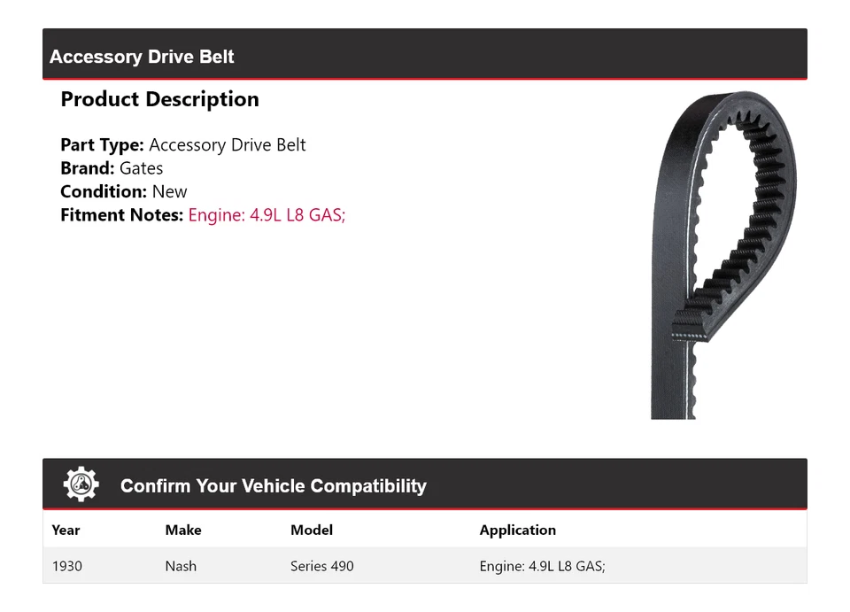 Para 1930 Nash Series 490 4.9L L8 Accesorio GAS Correa de transmisión Puertas Foto 2 de 4