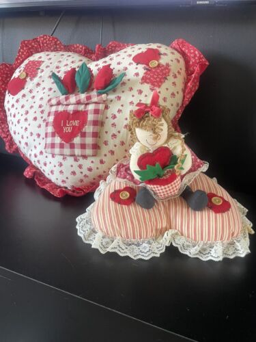 VTG Heart Accent Pillow & DOLL lace Trim Country Cottage Decor Cute I Love You