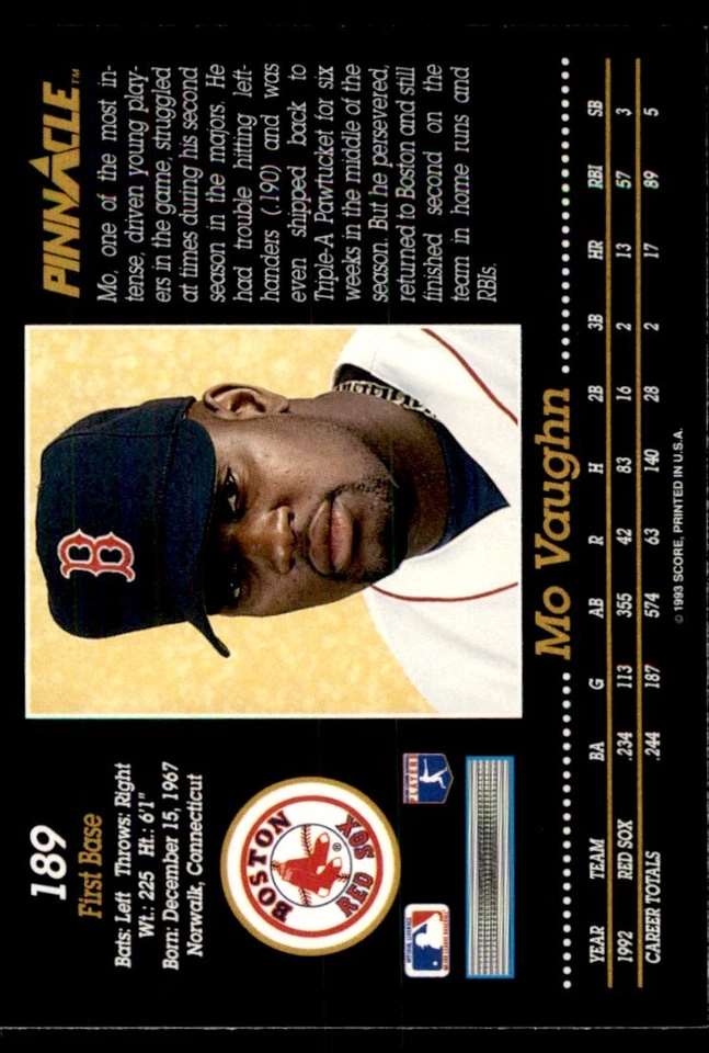 1993 Pinnacle Mo Vaughn Boston Red Sox #189 - Image 2 of 2