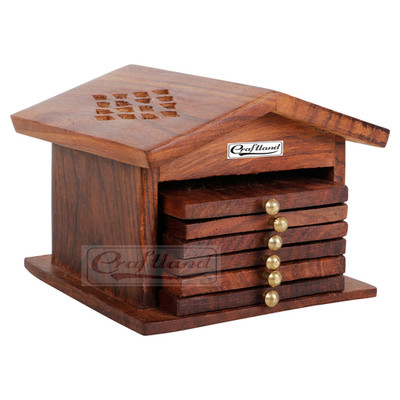 Craftland Wooden Handcrafted Crafted/Jali Hut Shaped Coaster Set Of 6 For