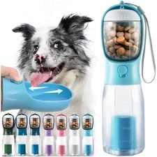 Portable Water Bottle for Dogs, 3 in 1 Pet Travel Bowl Dispenser with Food Tr...