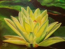 Original Golden Lotus Floral Oil Painting 8x10 Canvas Zen Garden Beautiful Decor