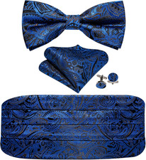 Men Silk Paisley Cummerbund and Pre-Tied Bowtie Handkerchief Cufflink Set for Tu