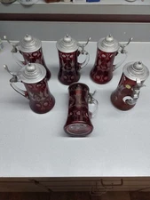 Six (6) Hand Made Bohemia Ruby Crystal Stein Pewter Tankard Lid Czech Republic 