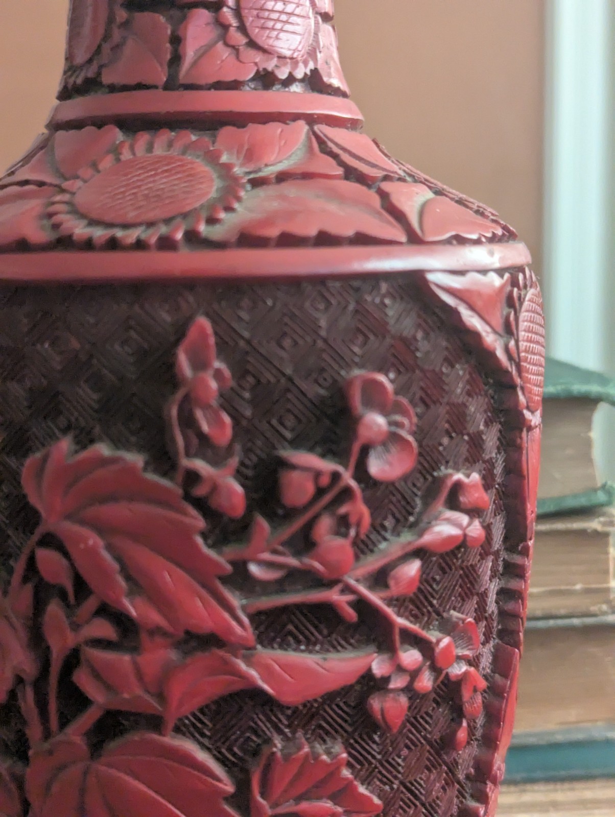 Vtg Floral Cinnabar Vase Scenic Panel Art 9 in Chinoiserie Decor Brass Interior