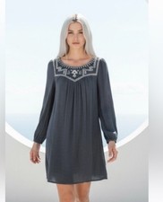 FLYING TOMATO Dress Embroidered Peasant Shift Blue Ivory Boho Hippie Crepe