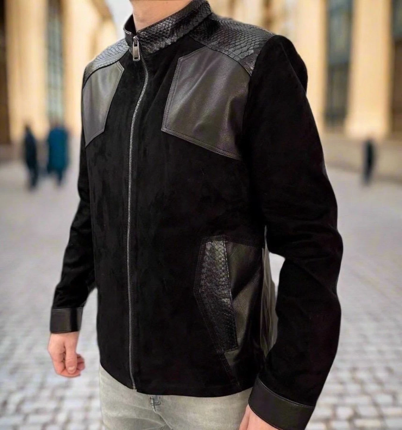 Men’s Suede Trim Leather Jacket Black Python Pattern Embossed Real Luxury Jacket
Opens in a new wind