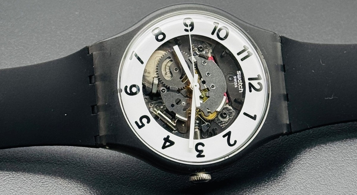 Swatch Swiss Skeleton Transparent Dial Black Case Rubber Band