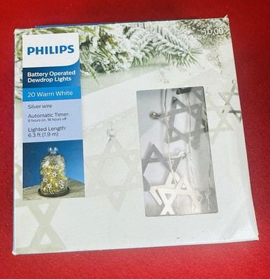Philips Hanukkah Dewdrop LED Lights 20 Warm White Star of David Battery 6.3ft
