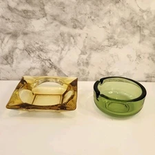 Vtg MCM Ashtray Green Round, Amber Square Cigar 1950s 1960s Set Of Two Small 