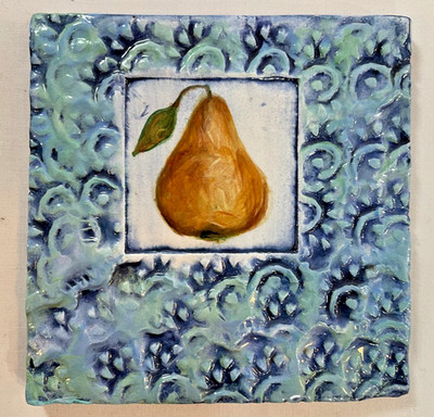 Hand Painted Artisan Ceramic Tile - Pear Design -signed K. Fin 2002