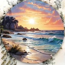 Sunset Beach Scene Metal Art Round 8x8 Inch Coastal Seascape