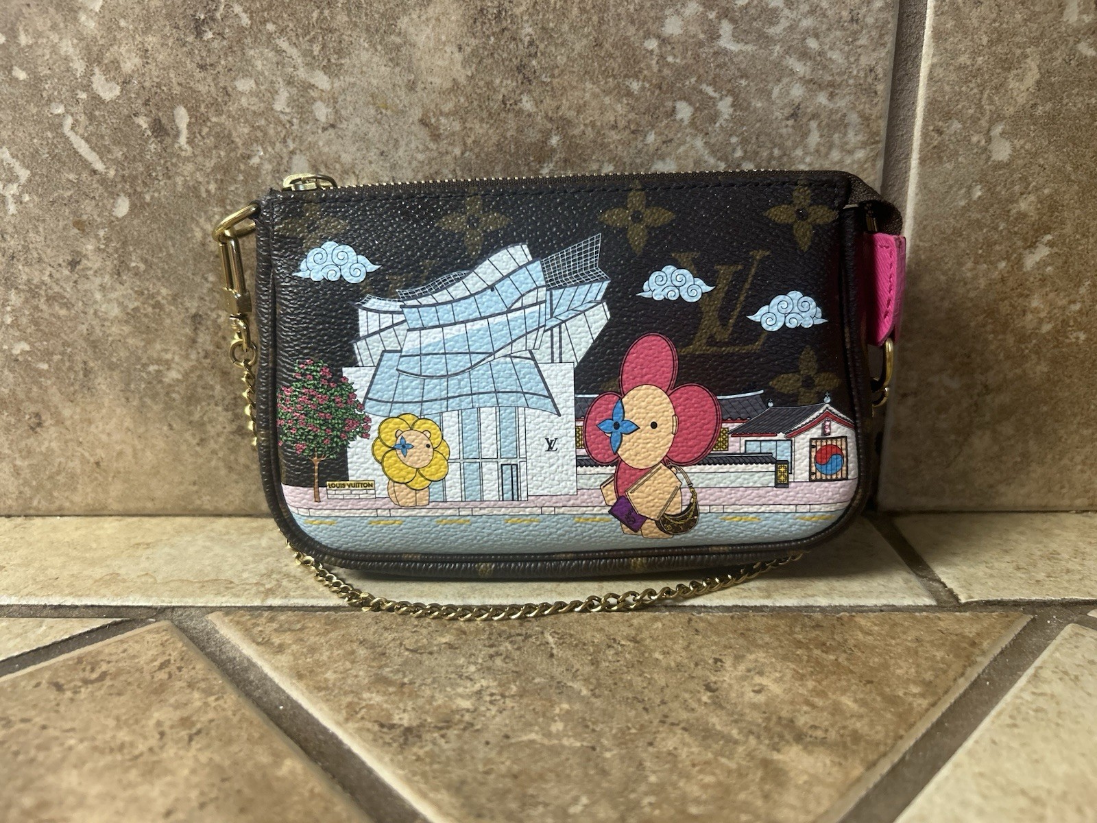 Authentic Louis Vuitton x Takashi Murakami Clutch with Chain