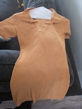 Fashion Nova Women's Orange Collared Knit Mini Shirt Dress V-Neck Short Sleeve M