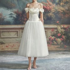 Retro Halter Off-the-shoulder Wedding Dress Tulle A-Line Tea Length Bridal Gowns