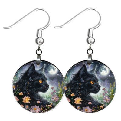 Black Cat Full Moon Earrings Spring Flower Garden Sterling Wires Dangle Drop