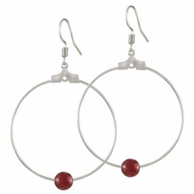 Stylistic Ruby Red Agate White Gold Tone Drop Hoop Pierced Earrings