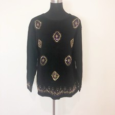 Vtg Women's Sweater Medium Black Holiday Sequin Christmas Festive Bling