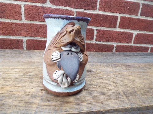 Signed MMS Mahon Ugly Funny Face 3D Stoneware Pottery Mug Big Nose Mustache Man