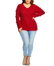 MSRP $85 City Chic Trendy Plus Size Grommet-Sleeved Sweater Red Size 16