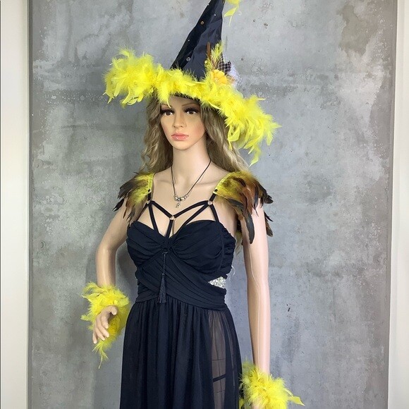 5PC YELLOW WITCH LED HAT COSTUME FEATHER SET HALLOWEEN  display picture 3
