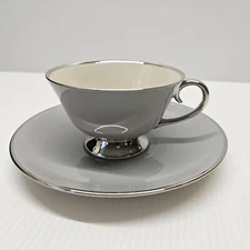 Flintridge China Brookmere (Rim) Gray Platinum Trim Footed Cup and Saucer Set