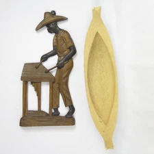 ECUADOR Wood Carvings Lot of 2 Balsa Canoe & Musician Wall Figure Esmeraldas VTG