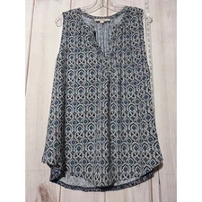 Ladies Medium Loft Sleeveless Top Blue White Floral Print Blouse Casual Tank