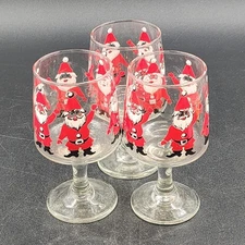 3 WAVING SANTA Wine Glasses by Georges Briard Clear Glass Christmas MCM 1960's